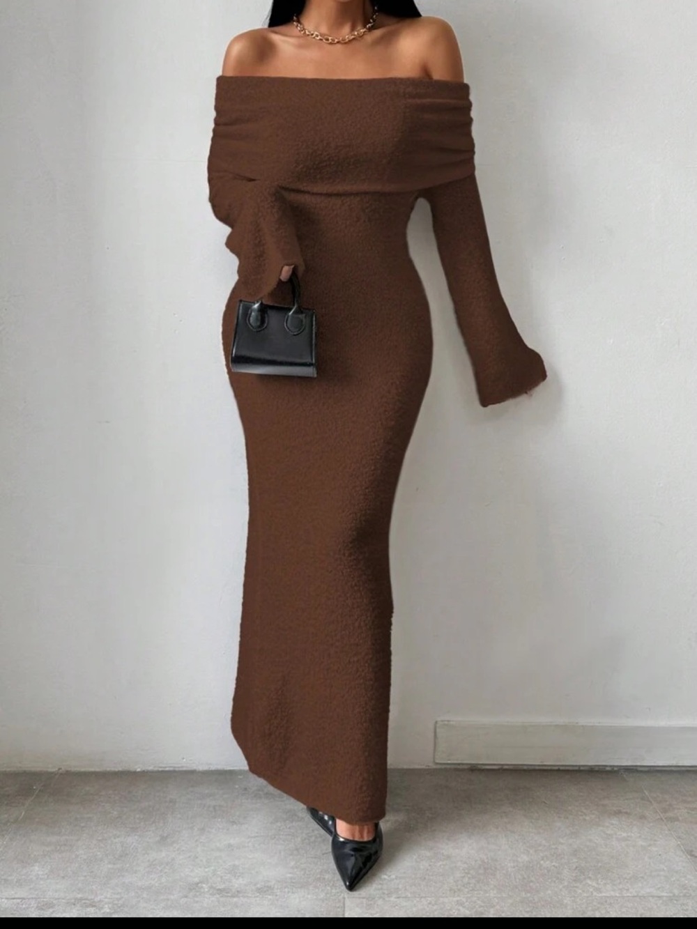 Off-Shoulder Bodycon Knit Dress in Brown